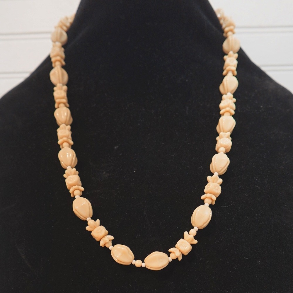 Vintage Bakelite Necklace Floral Tan Cream Beige Beads Retro Boho‎ MCM Jewelry